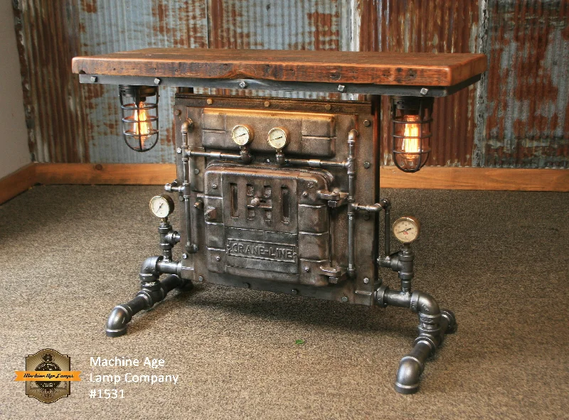 Steampunk Industrial / Antique Boiler Door / Lighting / Barn Wood / Console Hallway Sofa Table / #1531 sold Steampunk Industrial / Antique Boiler Door / Lighting / Barn Wood / Console Hallway Sofa Table / #1531 sold