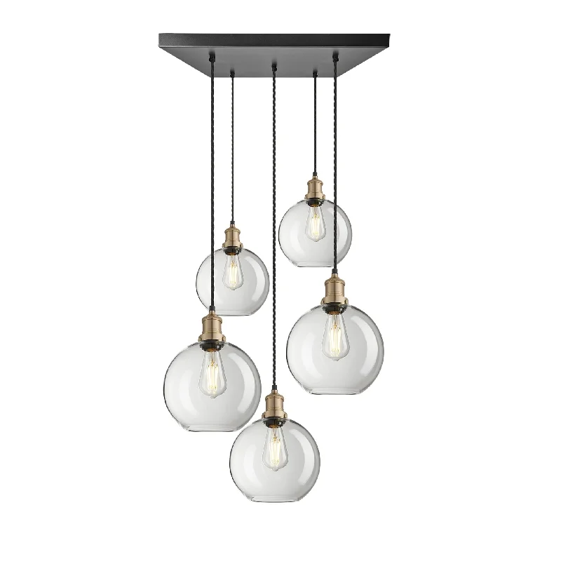 Brooklyn Glass Globe 5 Wire Square Cluster Lights - 9 inch - Clear