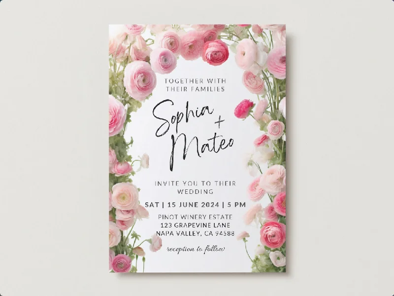 Set of Printable Wedding Invitation Templates, with Pink Ranunculus Floral Design, Digital Download, Custom DIY Edit and Print (Set Includes Invitation, RSVP and Details Card) Set of Printable Wedding Invitation Templates, with Pink Ranunculus Floral Design, Digital Download, Custom DIY Edit and Print (Set Includes Invitation, RSVP and Details Card)