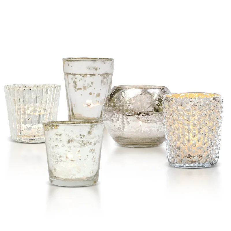 Vintage Mercury Glass Votive Tea Light Candle Holders - Silver (5 PACK, Assorted Designs) Vintage Mercury Glass Votive Tea Light Candle Holders - Silver (5 PACK, Assorted Designs)