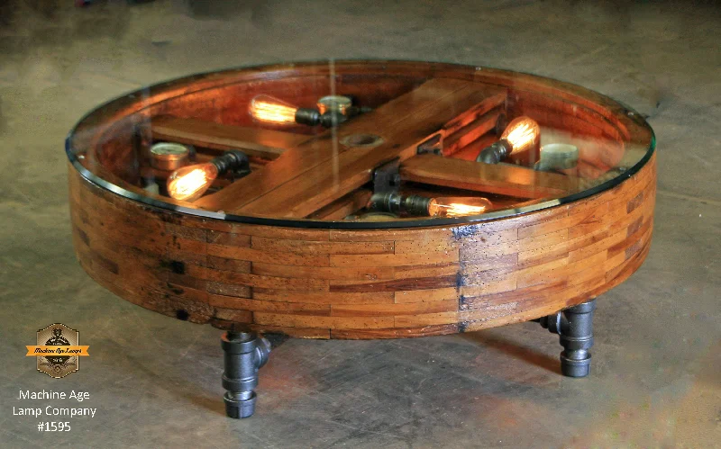 Steampunk Industrial / Antique Flat Belt Pulley Table / Lighting and Gauges / #1595 Steampunk Industrial / Antique Flat Belt Pulley Table / Lighting and Gauges / #1595