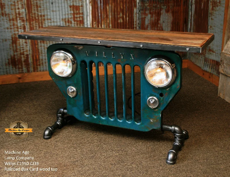 Steampunk Industrial / JEEP Willys / CJ3B / Train Locomotive Box Car Wood Top / Table #1522 sold Steampunk Industrial / JEEP Willys / CJ3B / Train Locomotive Box Car Wood Top / Table #1522 sold