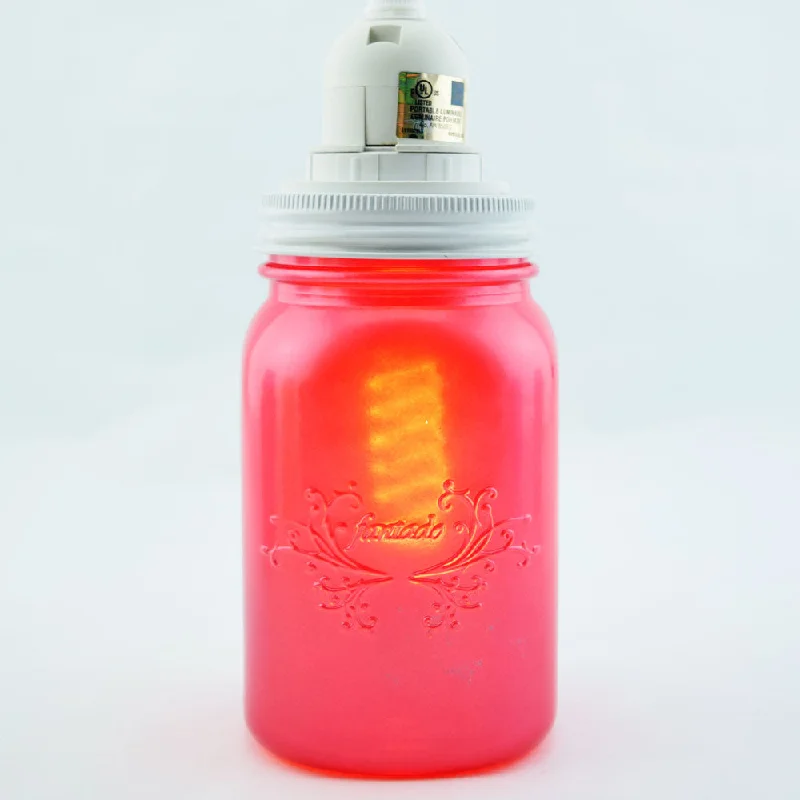 Edison light bulbs with a matte glass finishFantado Frosted Fuchsia / Hot Pink Mason Jar Pendant Light Kit, Regular Mouth, White Cord, 15FT Edison light bulbs with a matte glass finishFantado Frosted Fuchsia / Hot Pink Mason Jar Pendant Light Kit, Regular Mouth, White Cord, 15FT