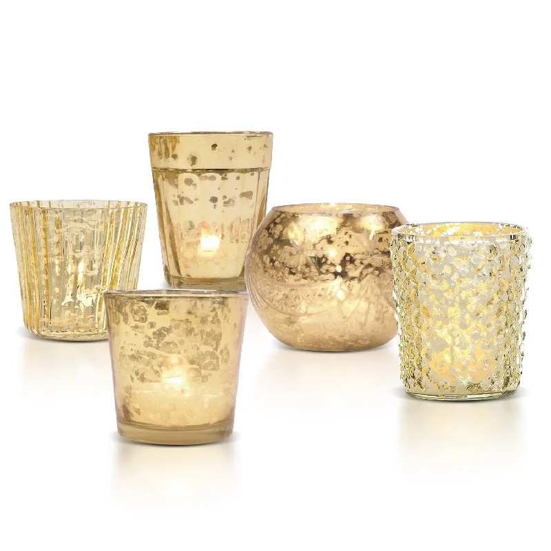 Vintage Mercury Glass Votive Tea Light Candle Holders - Gold (5 PACK, Assorted Designs) Vintage Mercury Glass Votive Tea Light Candle Holders - Gold (5 PACK, Assorted Designs)