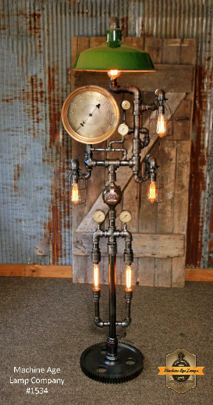 SteamPunk Industrial / Floor Lamp / Green Shade / Antique Steam Gauges / Gear #1534 SteamPunk Industrial / Floor Lamp / Green Shade / Antique Steam Gauges / Gear #1534