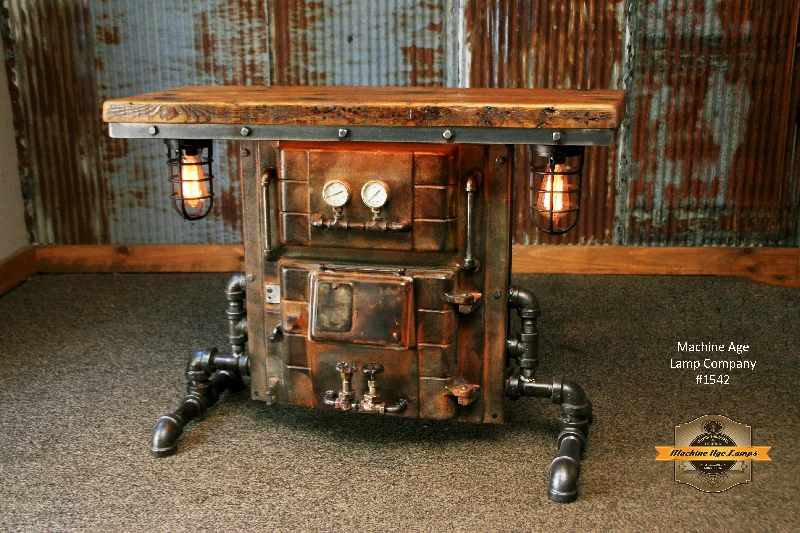 Steampunk Industrial / Antique Boiler Door / Lighting / Barn Wood / Console Hallway Sofa Table / #1542 sold Steampunk Industrial / Antique Boiler Door / Lighting / Barn Wood / Console Hallway Sofa Table / #1542 sold