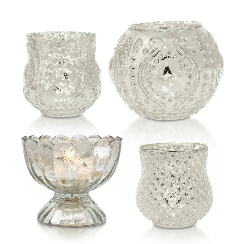 Elegance Silver Mercury Glass Tea Light Votive Candle Holders (Set of 4, Assorted Designs and Sizes) Elegance Silver Mercury Glass Tea Light Votive Candle Holders (Set of 4, Assorted Designs and Sizes)