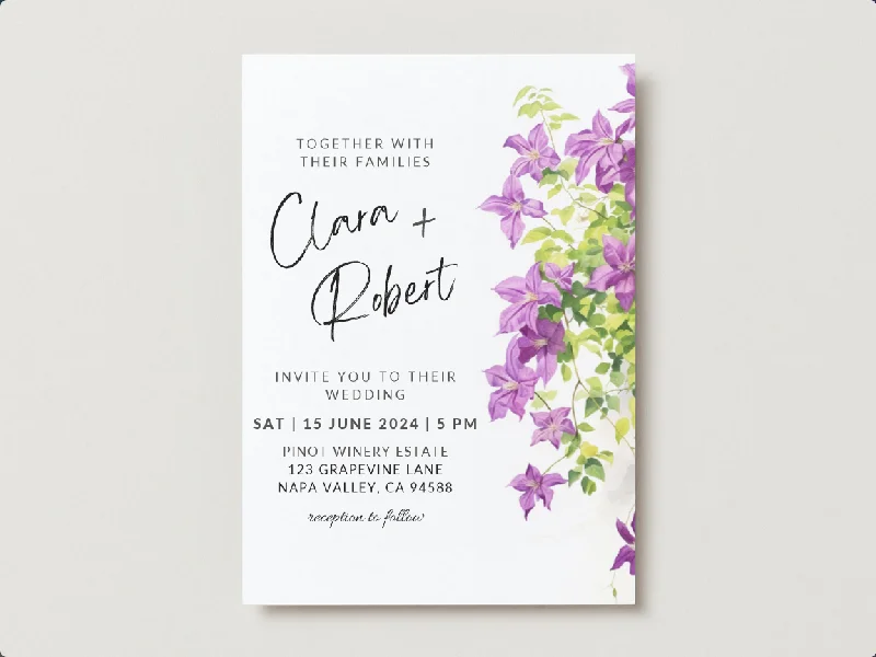 Set of Printable Wedding Invitation Templates, with Purple Clematis Floral Design, Digital Download, Custom DIY Edit and Print (Set Includes Invitation, RSVP and Details Card) Set of Printable Wedding Invitation Templates, with Purple Clematis Floral Design, Digital Download, Custom DIY Edit and Print (Set Includes Invitation, RSVP and Details Card)
