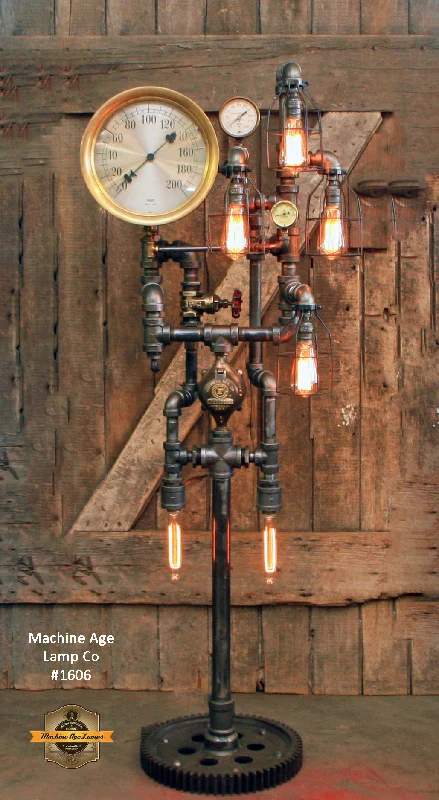 Steampunk Industrial / Antique Steam Gauge / Gear Base / Floor Lamp Light / #1606 Steampunk Industrial / Antique Steam Gauge / Gear Base / Floor Lamp Light / #1606