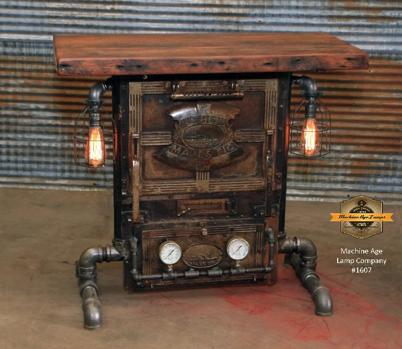 Steampunk Industrial / Stove Boiler Door Table / Console / Steam Gauge / Barn wood / #1607 sold Steampunk Industrial / Stove Boiler Door Table / Console / Steam Gauge / Barn wood / #1607 sold