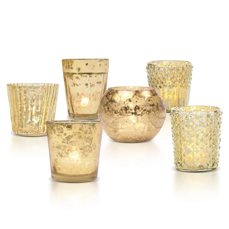 Best of Show Vintage Mercury Glass Votive Tea Light Candle Holders - Gold (6 PACK, Assorted Designs) Best of Show Vintage Mercury Glass Votive Tea Light Candle Holders - Gold (6 PACK, Assorted Designs)
