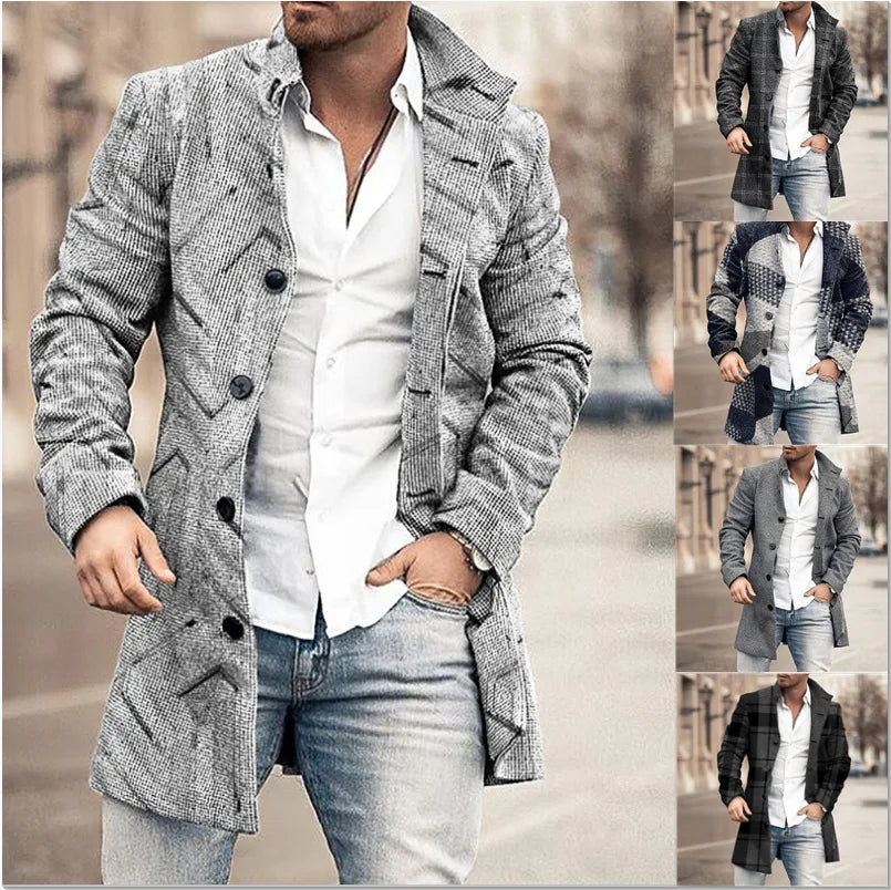 Autumn Winter Woollen Printing Men's Long Sleeve Single Breasted   Casual Jacket Buttons