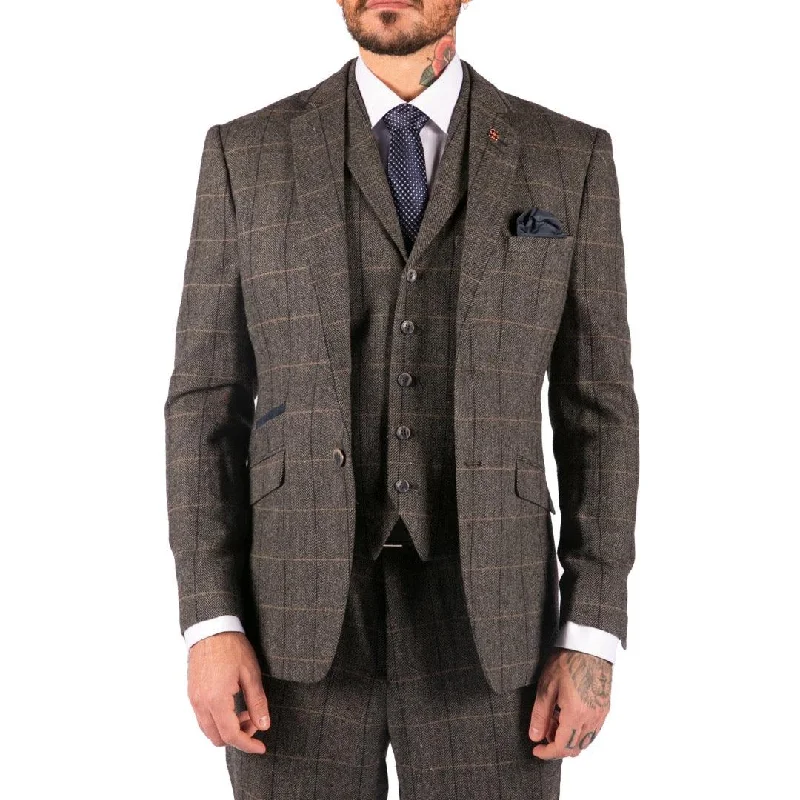 Mens 3 Piece Classic Tweed Herringbone Check Grey Navy Slim Fit Vintage Suit