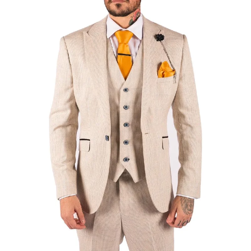 Mens 3 Piece Suit Tweed Cream Black Tailored Fit Wedding Classic