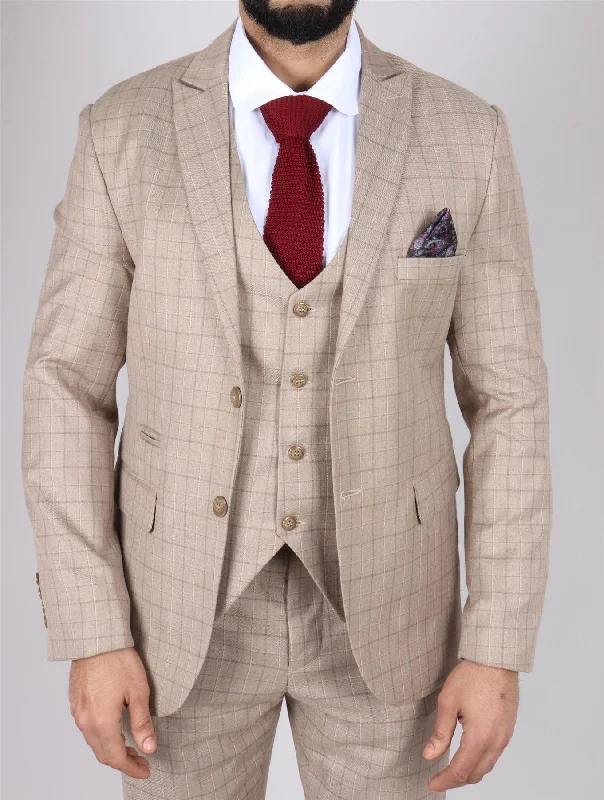 Men's Beige Suit Prince Of Wales Check Tailored Fit 3 Piece Formal Dress