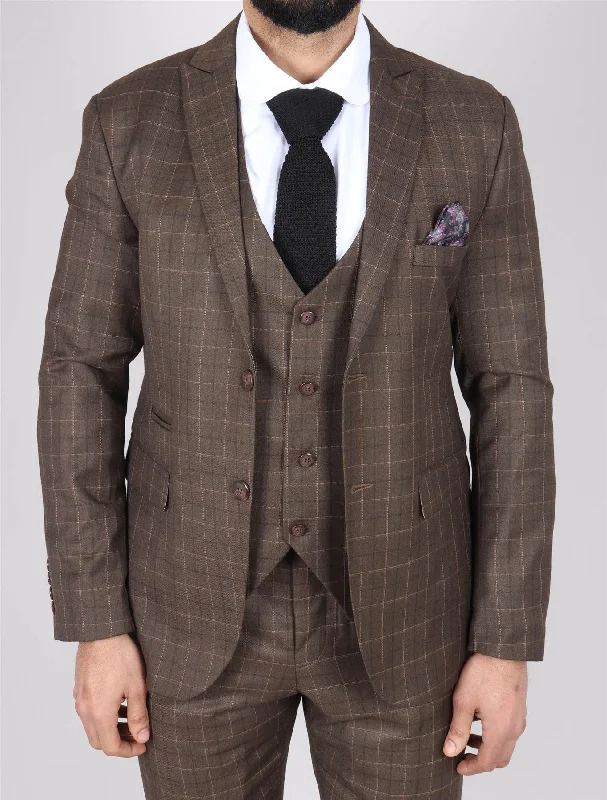 Men's Brown Suit Prince Of Wales Check Tailored Fit 3 Piece Formal Dress