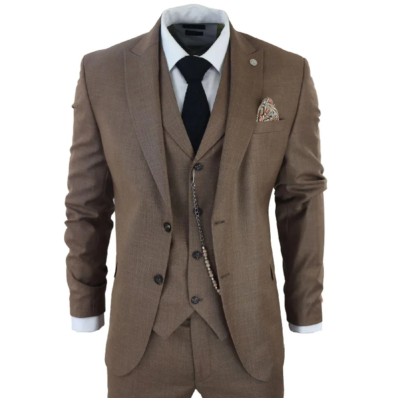 Mens Classic 3 Piece Suit Brown Pocket Chain Wedding Tailored Fit Vintage Formal