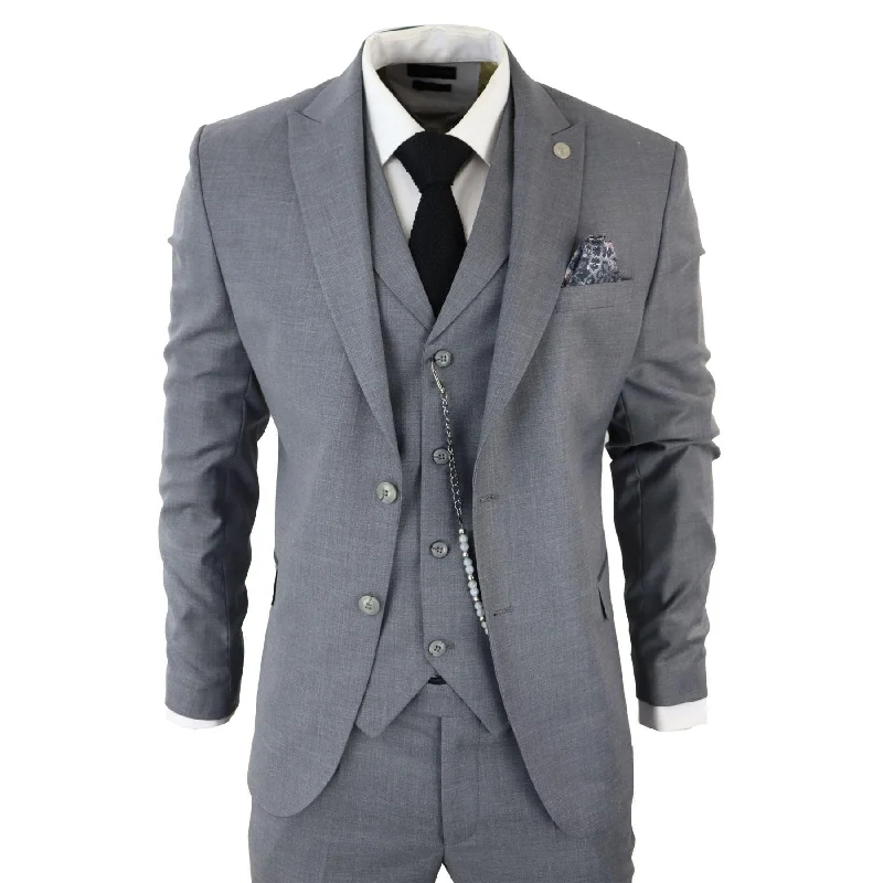 Mens Classic 3 Piece Suit Grey Pocket Chain Wedding Tailored Fit Vintage Formal