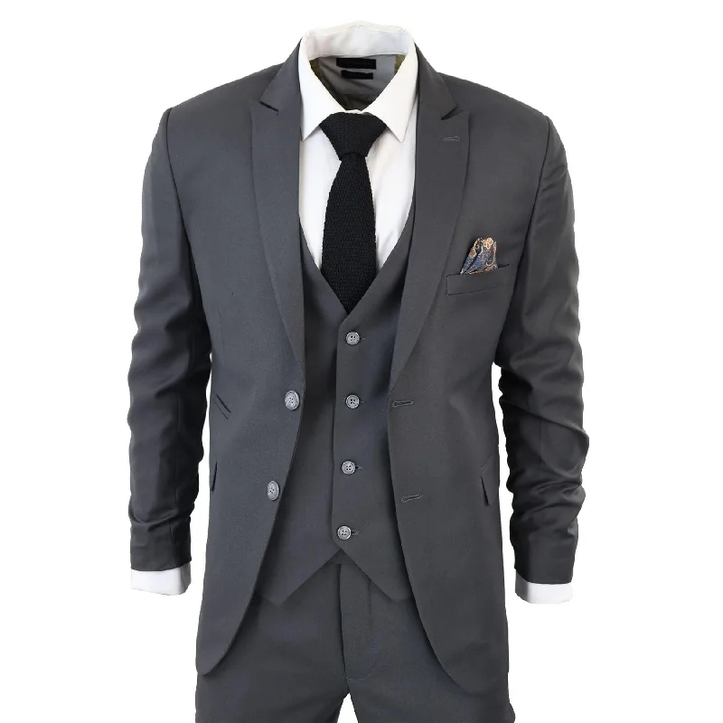 Men's Classic Charcoal Grey Suit 3 Piece Tailored Fit Vintage Office Wedding Prom