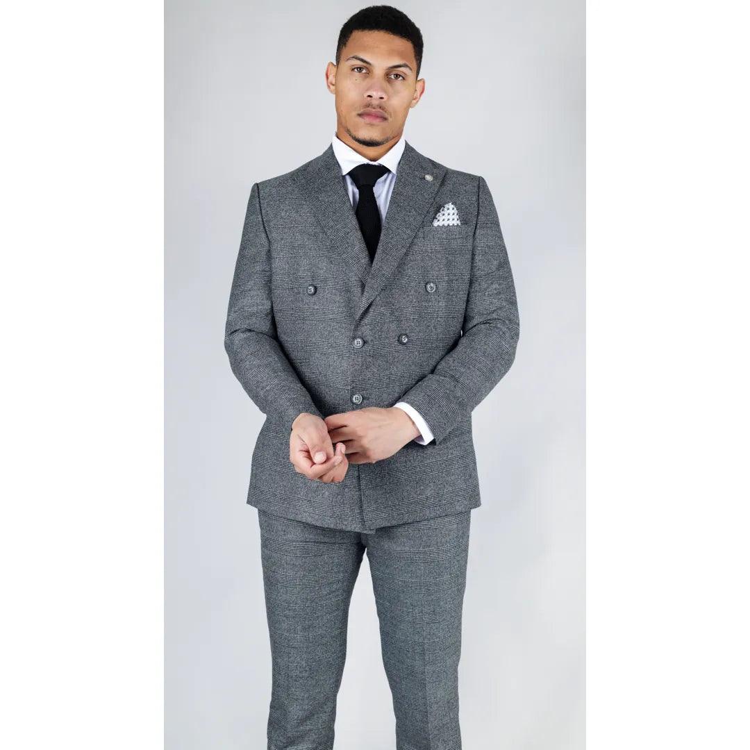 Men's Grey Suit 2 Piece Double Breasted Check Formal Dress