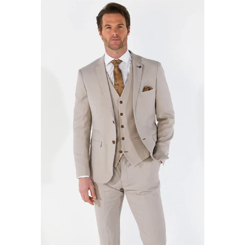 Men's Suit 3 Piece Beige Classic Birdseye Summer Wedding