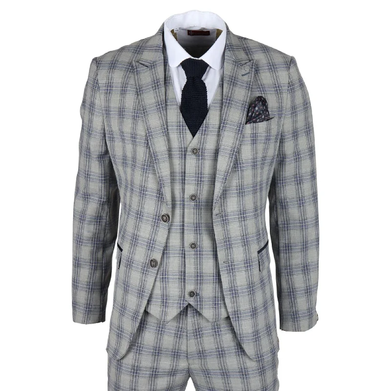 Men's Suit 3 Piece Grey Blue Checked Classic Plaid Tailored Fit Formal Dress