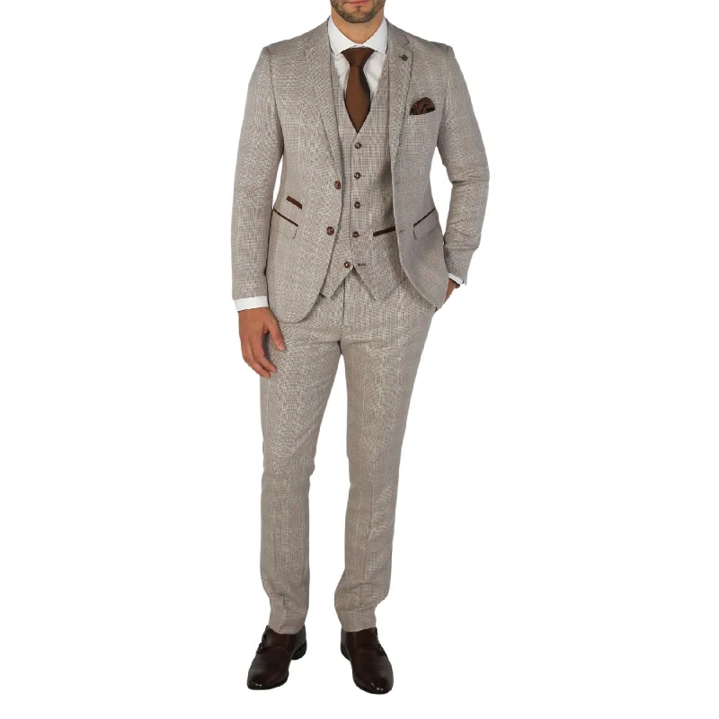 Men's Suit Beige 3 Piece Checked Tailored Fit Formal Dress