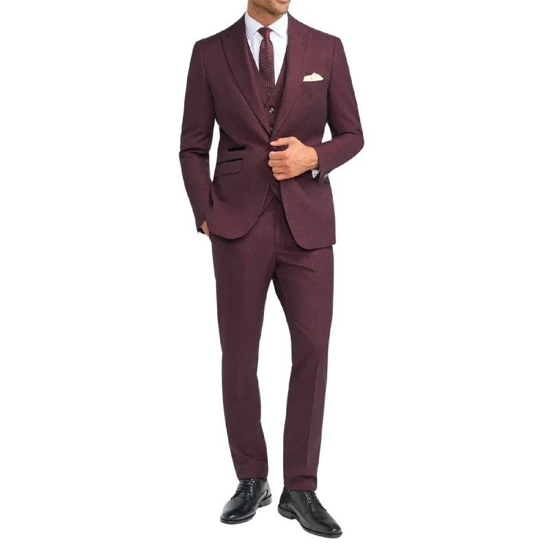 Men's Suit Burgundy 3 Piece Checked Tailored Fit Formal Dress