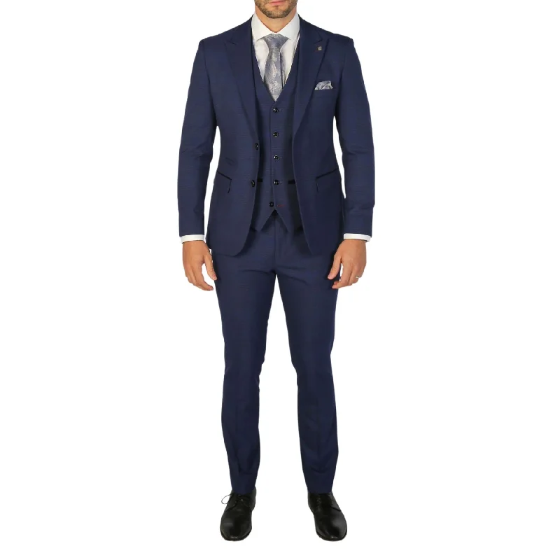 Men's Suit Navy Blue 3 Piece Checked Tailored Fit Formal Dress