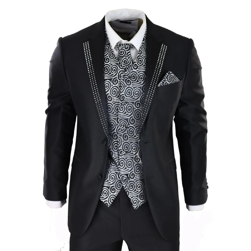 Mens Wedding 3 Piece Black Suit Diamonte Silver Cravat Waistcoat Groom Bestman