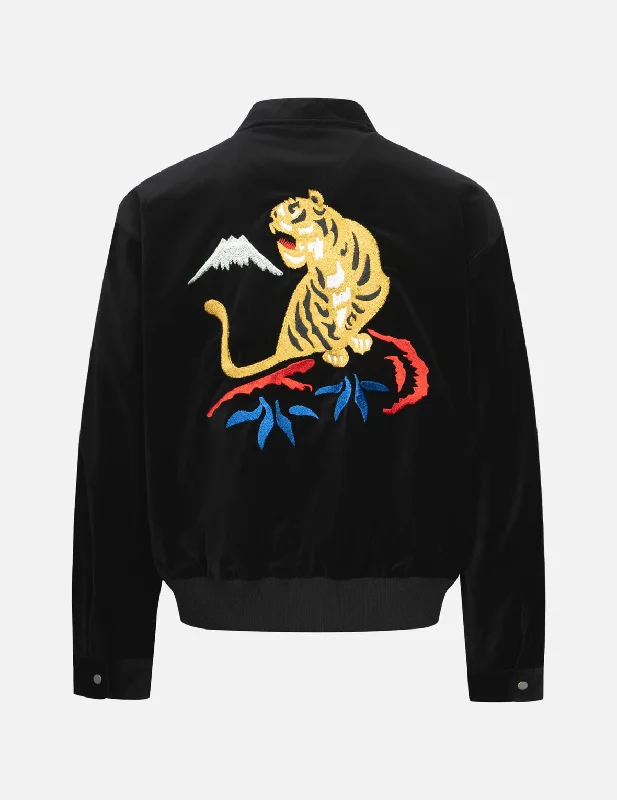 Tiger and Logo Embroidery Oversized Velvet Bomber Jacket