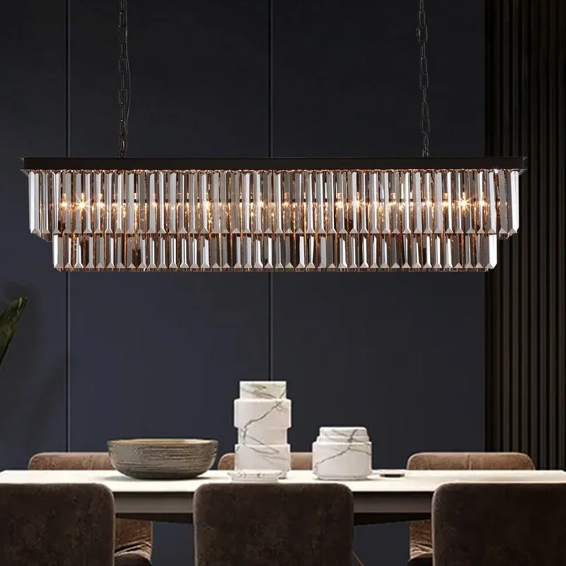 Minimalist Chandeliers for Sleek and Simple Interiors47 in. Smoked Gray and Black Modern Contemporary Crystal Chandelier 2-Tier Linear Kitchen Island Pendant Light for Dining Room
