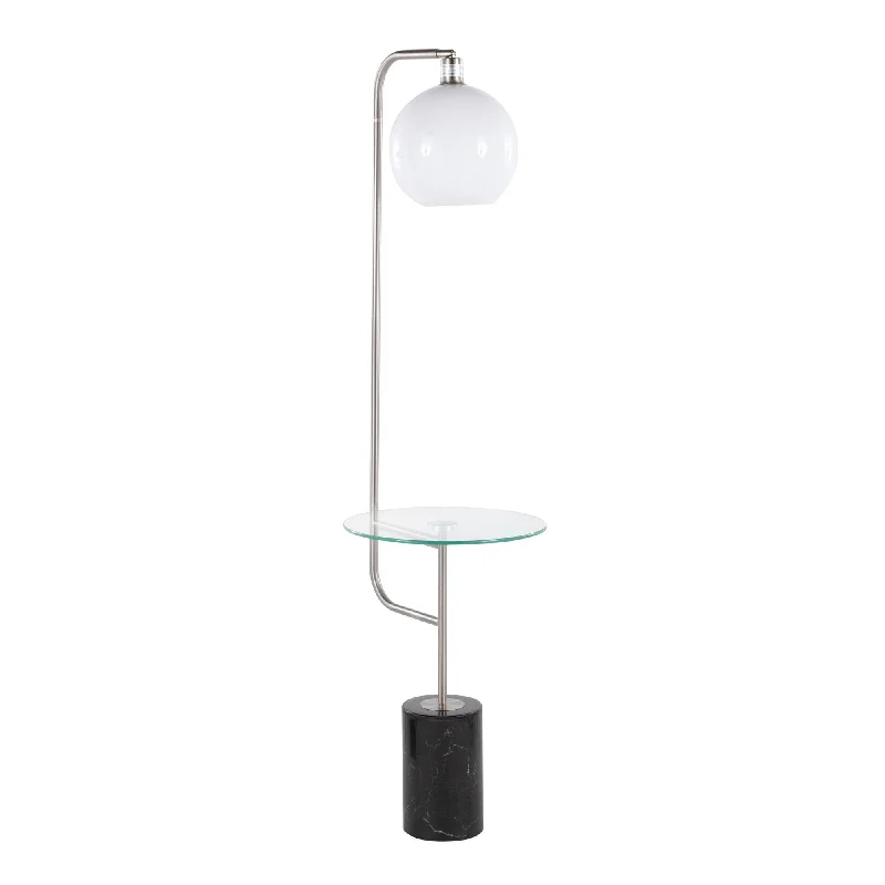 Bohemian Inspired Floor Lamp for Eclectic Home DecorSymbol Contemporary/Glam Floor Lamp with Clear Glass Side Table, Nickel Metal Accents, Black Marble Base, and White Shade by LumiSource Bohemian Inspired Floor Lamp for Eclectic Home DecorSymbol Contemporary/Glam Floor Lamp with Clear Glass Side Table, Nickel Metal Accents, Black Marble Base, and White Shade by LumiSource