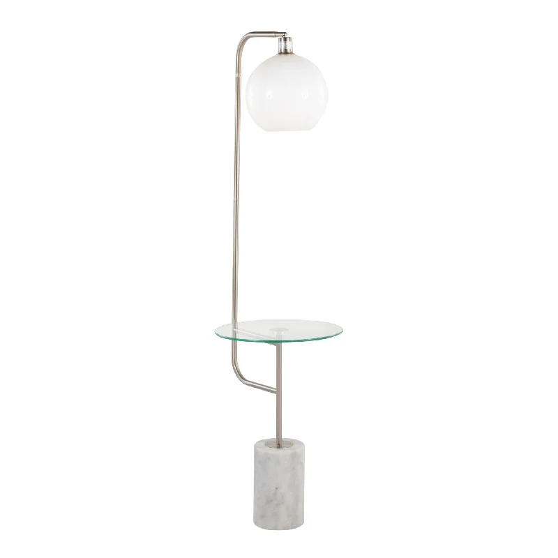 Wood Floor Lamp with Natural Grain for a Warm and Organic FeelSymbol Contemporary/Glam Floor Lamp with Clear Glass Side Table, Nickel Metal Accents, White Marble Base, and White Shade by LumiSource Wood Floor Lamp with Natural Grain for a Warm and Organic FeelSymbol Contemporary/Glam Floor Lamp with Clear Glass Side Table, Nickel Metal Accents, White Marble Base, and White Shade by LumiSource