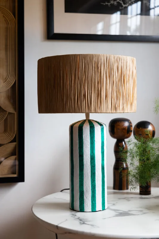 bohemian table lamps with colorful patterns for eclectic bedroomsDeep Green & Off White Stripe Paper Mache Table Lamp bohemian table lamps with colorful patterns for eclectic bedroomsDeep Green & Off White Stripe Paper Mache Table Lamp